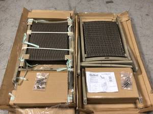 lot 9 image: Grey Wash Weather Resistant Eucalyptus Wicker Outdoor Lounge Chair in Grey (good condition ) set of 2