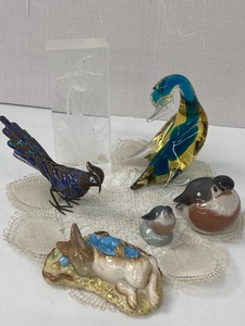 Bird Figurines in Glass and Enamel and a Porcelain Beatrix Potter