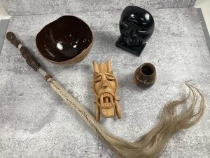 Collection of Masks, Pottery Bowl and Carved Handle Brush -from South America