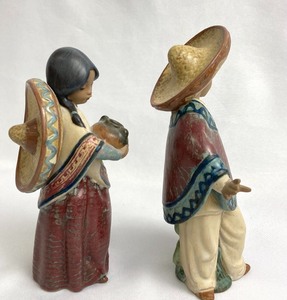 Lladro Gres-Finish Mexican Girl & Boy - #12140 Pepita wHat and #12141 Pedro w Jug