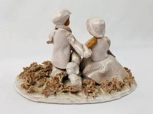 Clay Sculpture of Two Seated Figures - Italy - Signed by Artist