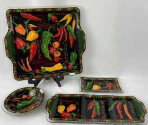 Four Glass Serving Pieces in Colorful Chili-themed Pattern