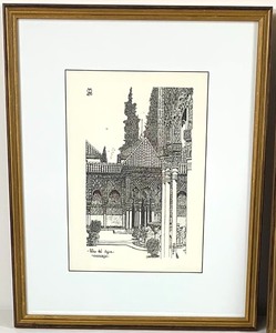 Three Framed BW Drawings of The Alhambra Palace in Granada, by Heredia