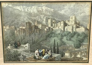 A Print of a Vintage Engraving - Travelers In Front of the Alhambra in Grenada, Spain
