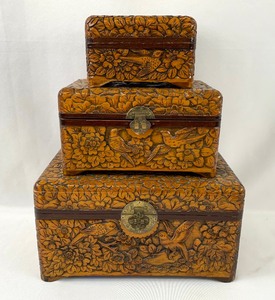 A Stunning Vintage Set Of Three Ornately Carved Wooden Boxes With A Bird Motif