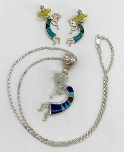 Kokopelli Sterling Sterling SilverTurquoise Jewelry Set - Pendant, 20 Chain and Earrings