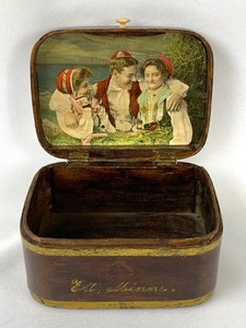 3 AntiqueVintage Jewelry Boxes Including Vintage Swedish Wood Box With Gilt Trim, Ett Minne Inscription And Photo Inset