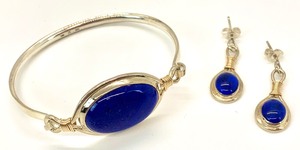 Large Lapis Stone Bracelet and Matching Earrings in Sterling Silver w 14K, By JH Breakell