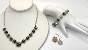 Delicate Sterling Silver Set - Rose Pattern - Necklace, Bracelet, Earrings