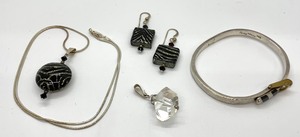 Black and Sparkly Glass PendantEarrings w Sterling Chain, Sterling Bangle and More