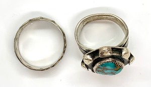 2 Vintage Sterling Silver Rings - Size 7 Native Style Turquoise and Size 9 Band