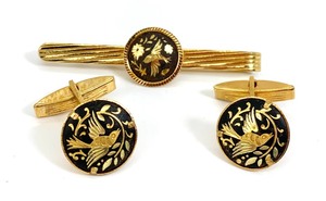 Large Lot of Damascene Tie Tacs, Cuff Links and Button Covers