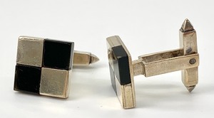 Mens Lot of Sterling Silver Three Sets Cuff Links, An Inlaid Belt Buckle, A Fish Pin