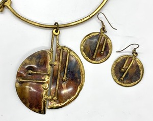 Vintage Brutalist Modern Brass Necklace, Earrings and Ring Set
