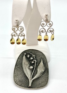 Scandinavian Lot - Swedish Solje Earrings, Pewter Gstrikland Pin and Enamel Bracelet Naming 8 Swedish Provinces