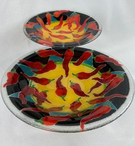 Two Tier Glass Bowls & Wood Tray with Colorful Chili Pattern