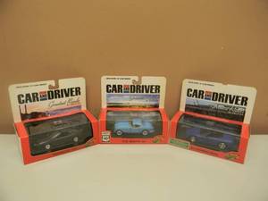 3 - CAR & DRIVER ROAD CHAMPS 143 SCALE DIE-CAST - 1955 CORVETTE WEST 40, 1998 CORVETTE EL CAMINO REAL, 1998 CAMARO HIGHWAY 101 - ALL 1 OF 10,000 - IN BOX - GREAT SET - SEE PICTURES
