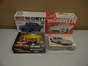AMT 59 CORVETTE 125 SCALE, MONOGRAM 56 CHEVY 124 SCALE, AMT 68 CORVETTE 143 SCALE & AMERICAN MUSCLE 63 CORVETTE 164 DIE CAST  MODEL KITS - GREAT MUSCLE CAR SET - IN BOX - SEE PICTURES