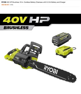 lot 56 image: RYOBI 40V HP Brushless 18 in. Cordless Battery Chainsaw with 5.0 Ah Battery and Charger