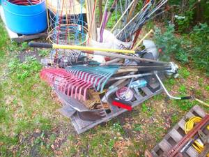 Pallet With Garden Rakes & Tools
