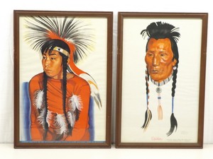 lot 25 image: 2 Vintage Framed Winold Reiss Glacier National Park Native Prints