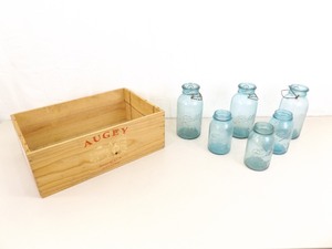 lot 98 image: Lot of Antique Large Blue Mason Jars in Wood Crate