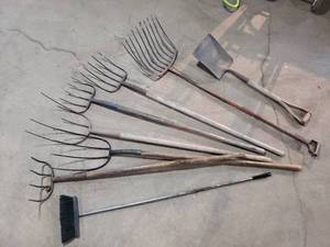 lot 72 image: Pitch Forks, Hay Forks, Shovel