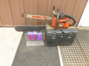 lot 7 image: Homelite 16 Chainsaw in case. Tested & works. As shown.