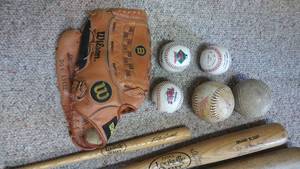 lot 3 image: BaseballSoftball Bats, Wilson Optima Gold Series Glove and Balls