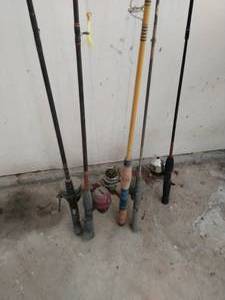 Collection of Fishing Poles and Stand