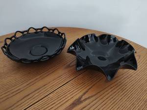 Black Amethyst Glass Folded Rim Dish & Black Glass Bowl