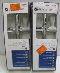 lot 646 image: 2-Pack Glacier Bay 18 in. x 1-14 in. Concealed Screw ADA Compliant Grab Bar with Adjustable Hand Shower Holder in Chrome
