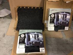 lot 28 image: Black with Blue Flecks 18 in. x 18 in. x 0.3 in. Rubber GymWeight Room Flooring Tiles (14.32 sq. ft.) Customer Returns See Pictures