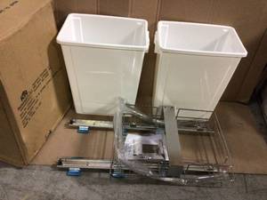 lot 47 image: Lot of 2 Household Essentials 9 Gal. Double Under Cabinet Double Sliding Trash Can Caddy White, Chrome Customer Returns See Pictures