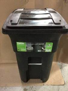 lot 80 image: 64 Gal. Greenstone Trash Can with Wheels and Attached Lid Customer Returns See Pictures