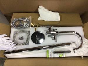 lot 94 image: 1-Handle Freestanding Floor Mount Roman Tub Faucet Bathtub Filler with Hand Shower in Chrome Customer Returns See Pictures