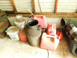 lot 5 image: Five Gas Cans--Different Sizes--Vintage Metal Milk Can--Three Other Containers