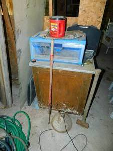 lot 11 image: Antique Sledge Hammer-DandelionWeed Picker-Garage Utility Light-Regular Hammer-Minnow Scooper-Ropes-Small Sander For Craft Items