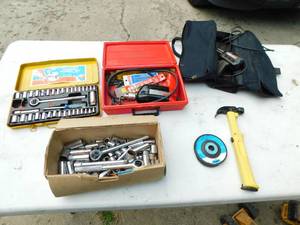 lot 18 image: Two Socket Sets-Yellow Automatic Nail Hammer-Vintage Cummins Sander-Electric Soldering Gun