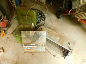 lot 22 image: Green Boat Seat-Wire Cage For Holding Up Tomato Plants, Etc.--Non Chemical Bug Killer-Vintage Electric Heater--Travel Site Stickers