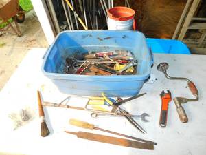 lot 41 image: Blue Tote Filled With Screwdrivers-Black & Decker Wrench-Old Fashioned Hand Drill-Paint Brush-File-craftsman Socket Wrenches