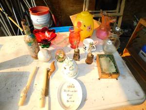 lot 49 image: Three Glass Flower Vases-Yellow Cookie Jar W Cover-Two Trophies--Two Candles--Baseball--Footed Ruby Red Bowl, Candy Dish, Compote--1983-Rottweiler Best Of Breed Sign --Oblong Container With A Key In It