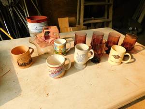 lot 55 image: Five Collectable Coffee Cups-Five Ruby Red Footed Goblets-Tonka Bakery Truck