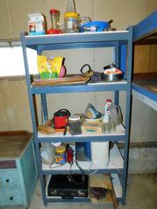 lot 91 image: Blue Five Shelf Storage Unit W Miscellaneous Items On It