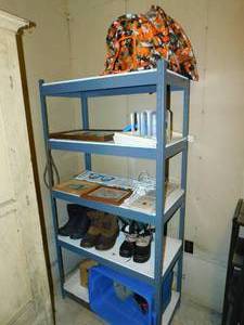 lot 95 image: Blue 5 Shelf Storage Shelf W Many Items On It