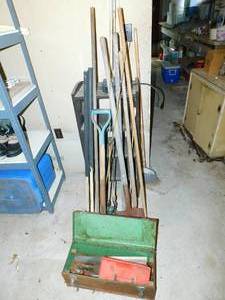 lot 97 image: A Lot Full Of Vintage Items--Broom--Shovel--Pitch Fork--Rods & One Reel--Tool Box W Tools Inside