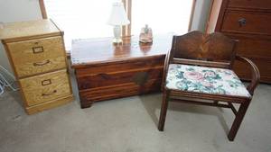 lot 102 image: Floral Printed Cloth Seat On A Wooden Decorative Chair--A Bud Vase--Lamp W Shade--Two Drawer File Cabinet--Cedar Chest