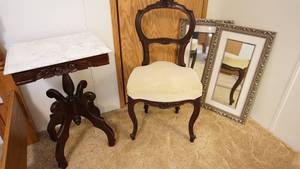 lot 117 image: Antique Dark Wood Chair W Cream Colored Cushioned Seat-Antique Table W Marble Top & Four Legged Pedestal-Two Framed & Matted Mirrors