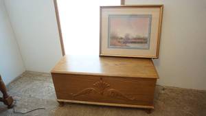 lot 122 image: A Lockable Cedar Chest For Storage Of Collectables Or Special Items-A Framed & Matted Picture Of A House & Field & Lake Or Pond