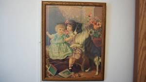 lot 123 image: Framed Picture Of Two Girls & A Dog & Some Flowers & Some Books